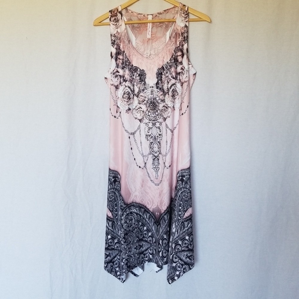 Pretty Angel BOHO Tank Dress Womens L Pink Paisley Lace Back Rhinestone Uneven - Picture 7 of 8